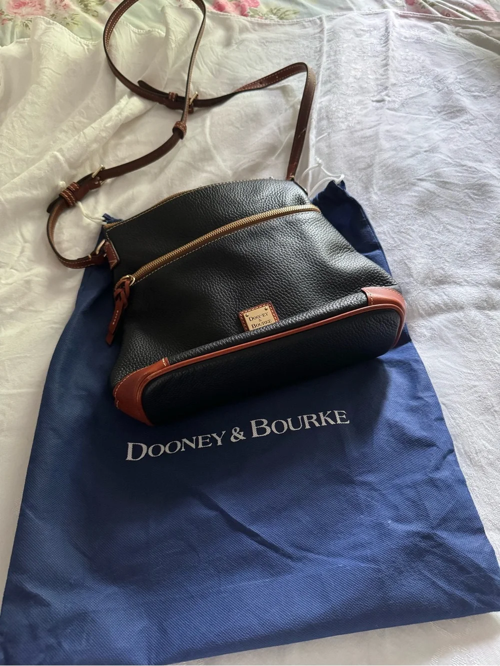 Dooney & Bourke Black Pebbled Leather Crossbody with Brown Trim & Gold Hardware